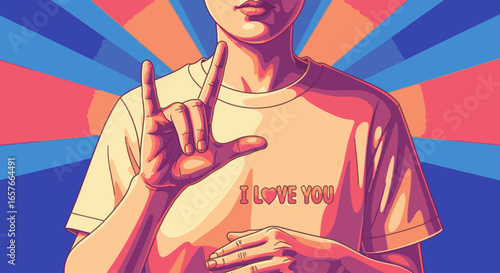 Illustration of a person making the 'I love you' hand sign in ASL with a radiant background.