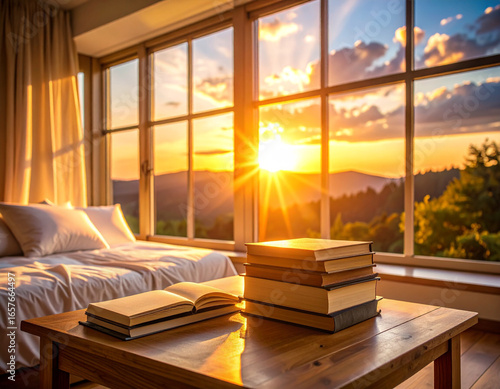 Serene Sunset - Books and Bed by Panoramic Window.