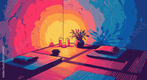 Vibrant, colorful illustration of a tranquil meditation space with cushions and candles bathed in warm, glowing light.