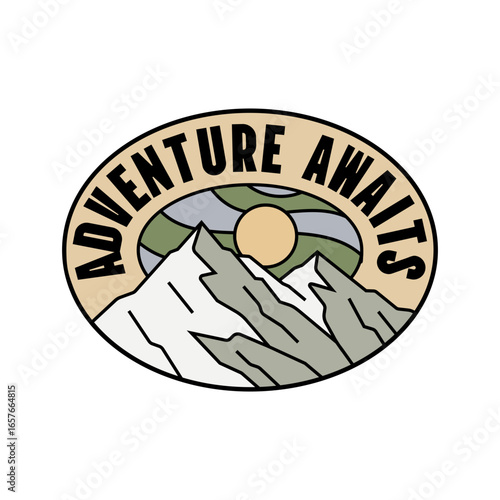 Round badge with mountains and sun, suitable for adventure awards branding, marketing, and event promotions on web and print.