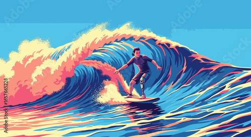 Vibrant digital illustration of a surfer skillfully riding a massive, colorful ocean wave.