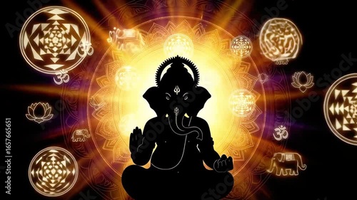 Radiant Ganesha Silhouette Meditating within a Glowing Golden Mandala with Sacred Yantra and Om Symbols.