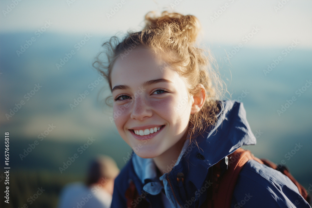 Fototapeta premium Smiling young woman outdoors enjoying a scenic hike in nature on a sunny day