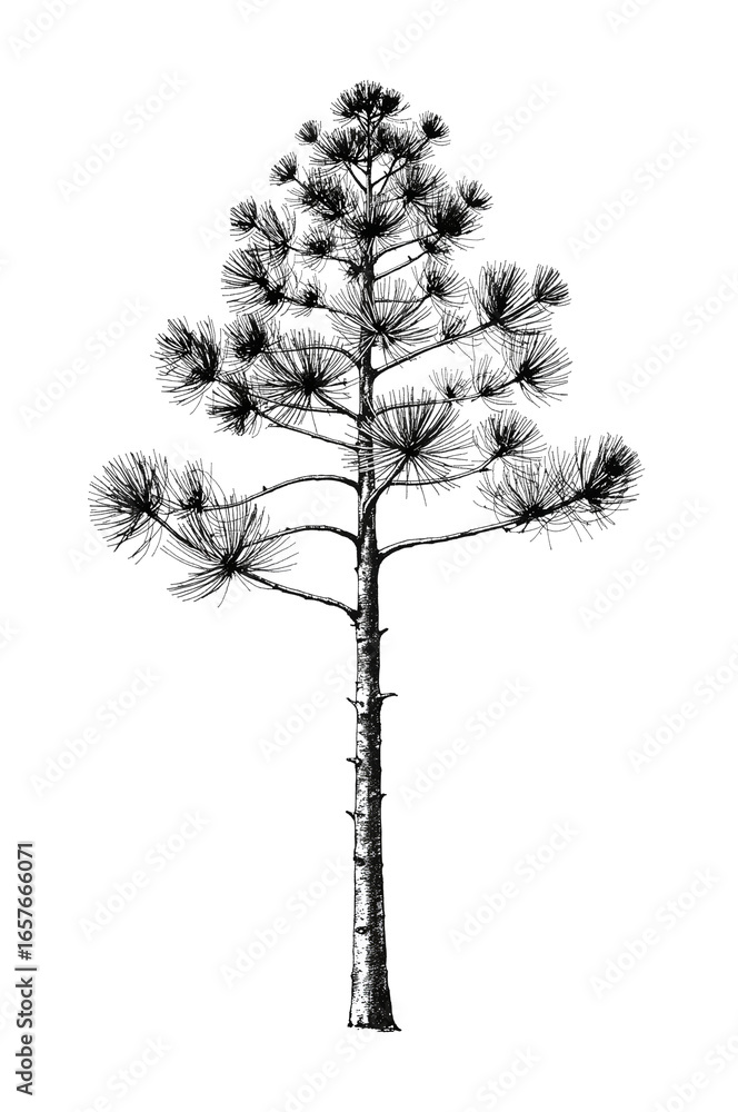 Fototapeta premium Detailed monochrome botanical illustration of a pine tree with intricate branch structures