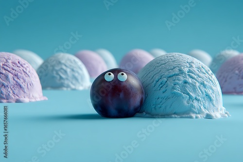 Whimsical plum with googly eyes amidst pastel ice cream scoops on a blue background