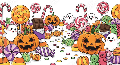 Whimsical Halloween Candy Land with Friendly Ghosts and Jack-o'-lanterns
