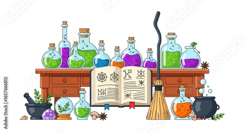 Mystical Alchemy Lab with Witch's Brews and Spellbook, Evoking Magic and Enchantment