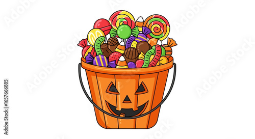 Halloween Treat Bucket Overflowing with Colorful Candies in a Jack-o'-Lantern Container