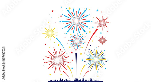 Vibrant festive fireworks illuminating the night sky above a silhouetted city skyline, symbolizing celebration and joy.