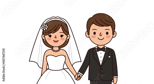 Adorable cartoon wedding couple holding hands, cute bride and groom character illustration for invitations