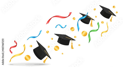 Graduation celebration concept with academic caps thrown in the air amidst a flurry of colorful confetti and ribbons.