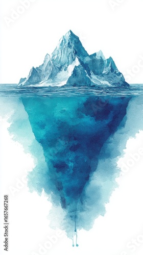 A watercolor illustration of an iceberg, showcasing its majestic peak above water and a hidden, expansive underwater structure.