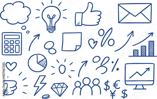 Hand-drawn doodle icons for business, finance, and creative ideas.