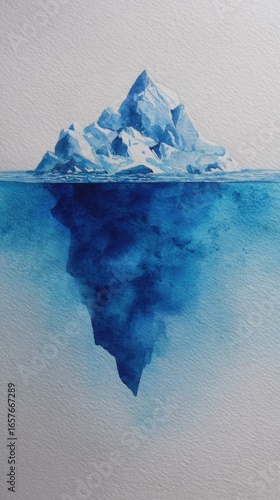 A watercolor depiction of an iceberg, showcasing its majestic peak above water and a vast, hidden portion below the surface.