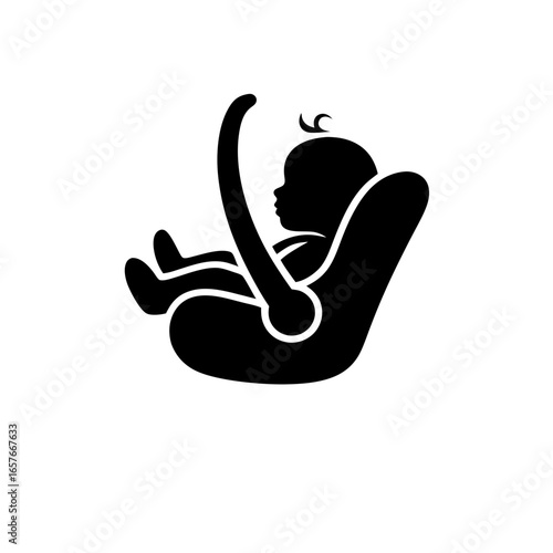 Vector icon of a baby in a child car seat, secured with seat belts. Child in a safe car seat, transporting children in a car. Protecting and caring for a child while traveling. Baby in a carrycot
