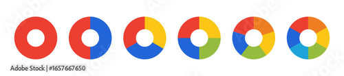 Circle division infographic icon set. Pie chart divided 3,4,5,6 equal parts. Color ring, donut round diagram. Infographic wheel segment and fraction. Vector illustration isolated on white background.