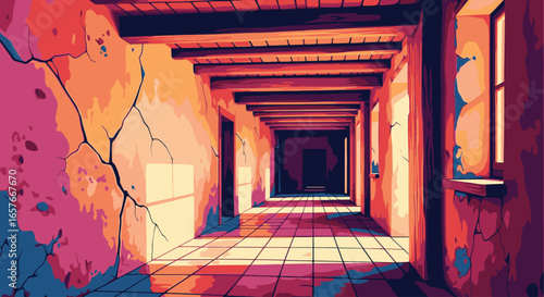 A long, empty corridor with cracked walls and wooden beams, illuminated by warm, dramatic sunlight.