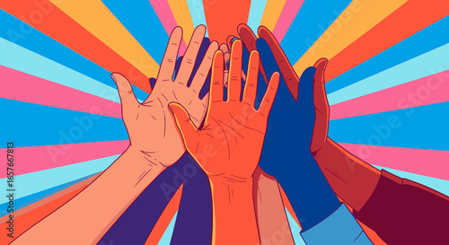 An illustration of diverse hands of different skin tones coming together in a high-five, symbolizing unity and teamwork.