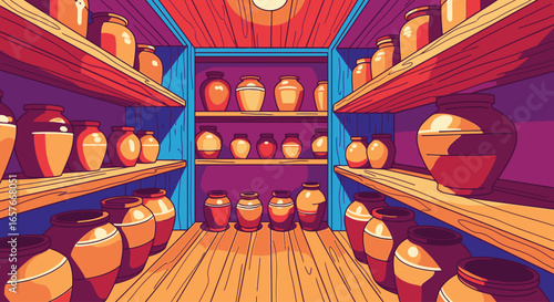 Vibrant illustration of a well-stocked pantry with countless clay pots and jars on wooden shelves.