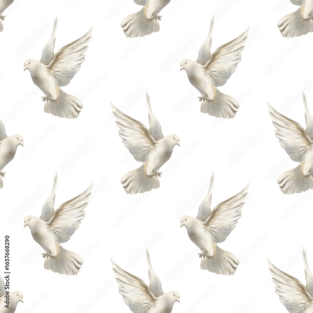 Fototapeta premium Seamless pattern of white pigeon soaring in air, dove spread its wings as a symbol of freedom and peace concept.Hand drawn watercolor illustration on white for spiritual wedding,nature-themed designs