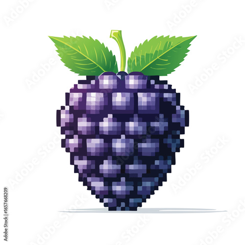 Pixelated illustration of a ripe blackberry with green leaves and stem, isolated on white.