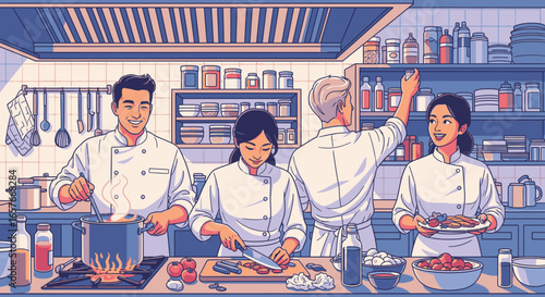 A diverse team of professional chefs cooking and preparing food together in a busy commercial kitchen.