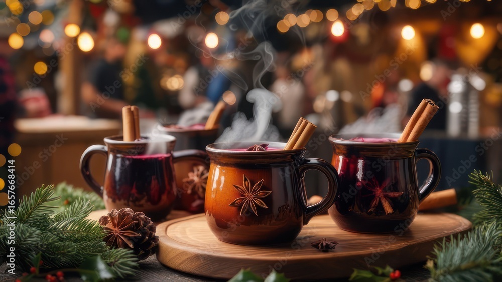 Fototapeta premium Steaming Mulled Wine Mugs with Cinnamon Sticks and Festive Christmas Market Ambiance