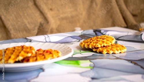 Golden-brown waffles rest on a white plate, against a backdrop of a patterned tablecloth.