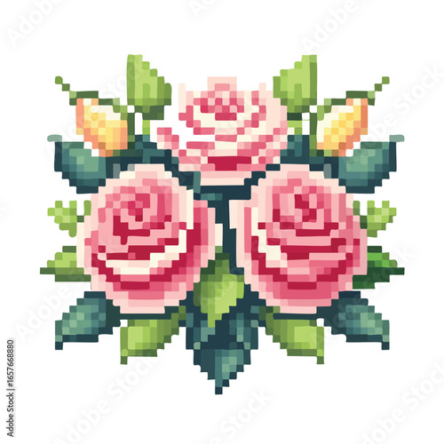 Pixelated illustration of three pink roses with green leaves and buds, artistic design.