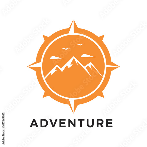 Adventure compass emblem with mountain landscape outdoor exploration symbol travel navigation icon
