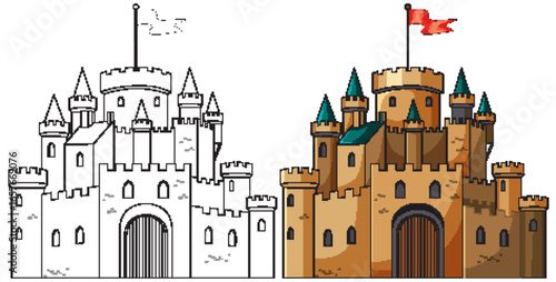 Medieval Stone Castle with Towers and Flags Illustration