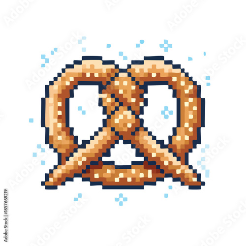 Pixelated image of a delicious, golden-brown pretzel with coarse salt, ready to eat.