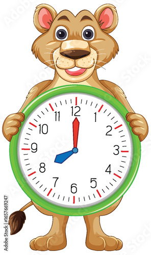 Cartoon Lion Cub Holding Large Analog Clock