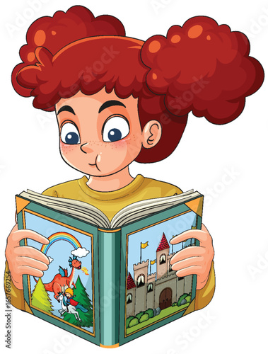 Curly-Haired Girl Reading Illustrated Storybook