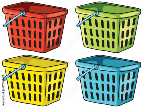 Colorful Shopping Baskets Vector Illustration Set