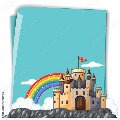 Medieval Castle with Rainbow and Rocky Landscape