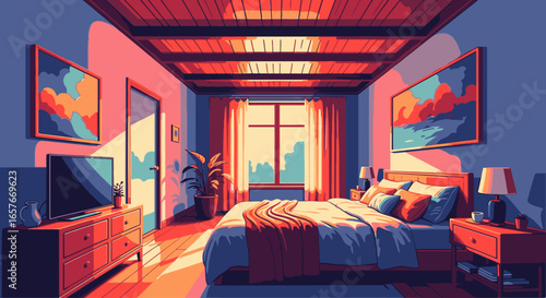 A cozy bedroom interior illustrated in a bold graphic style, with warm sunlight casting long shadows across the room.