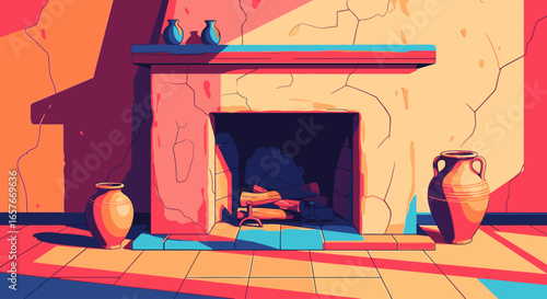 A vibrant, stylized illustration of a rustic stone fireplace and pottery bathed in warm, dramatic sunlight.