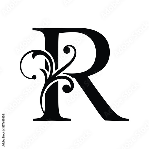 Elegant black letter r monogram with flourish swirls decorative alphabet design