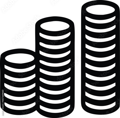 Three stacks of coins of varying heights representing financial growth and accumulation of wealth