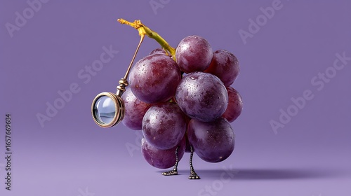 Examining a bunch of red grapes with a magnifying glass on purple background for food and science concepts