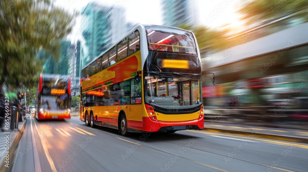 Fototapeta premium A bustling city street featuring a bright double-decker bus in motion, surrounded by modern buildings and a vibrant urban atmosphere.
