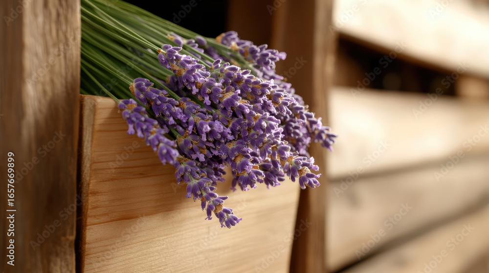 Fototapeta premium Bouquet of freshly cut lavender. Tied with twine. Rests on a rustic wooden shelf in a barn. Ready for drying. With wicker baskets blurred in the background. Capturing the essence of harvest season