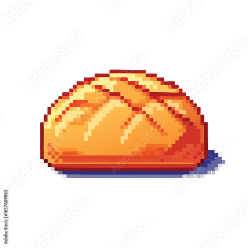 Pixelated illustration of a golden-brown, freshly baked loaf of bread with detailed texture.