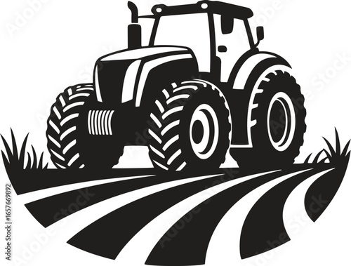 Black silhouette design of a farm tractor in field icon isolated on white background. vector illustration
