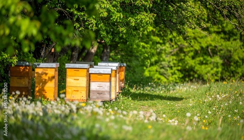 Honeybee hives in a grassy field