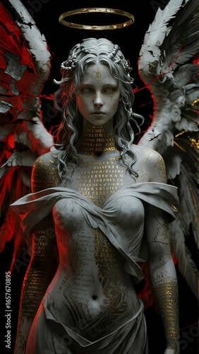 Dark Gothic Angel Statue with Halo and Red Wings – Fantasy Artwork