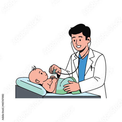 Pediatrician examining baby with stethoscope, vector