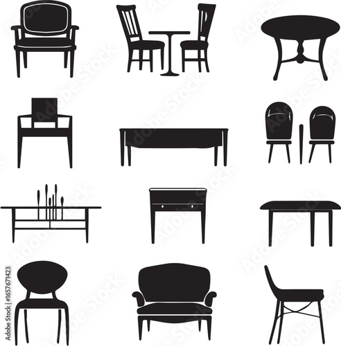 Different Household Furniture in Silhouette Style