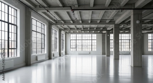 Spacious industrial loft interior with large windows and concrete elements  offering a modern and bright open space
